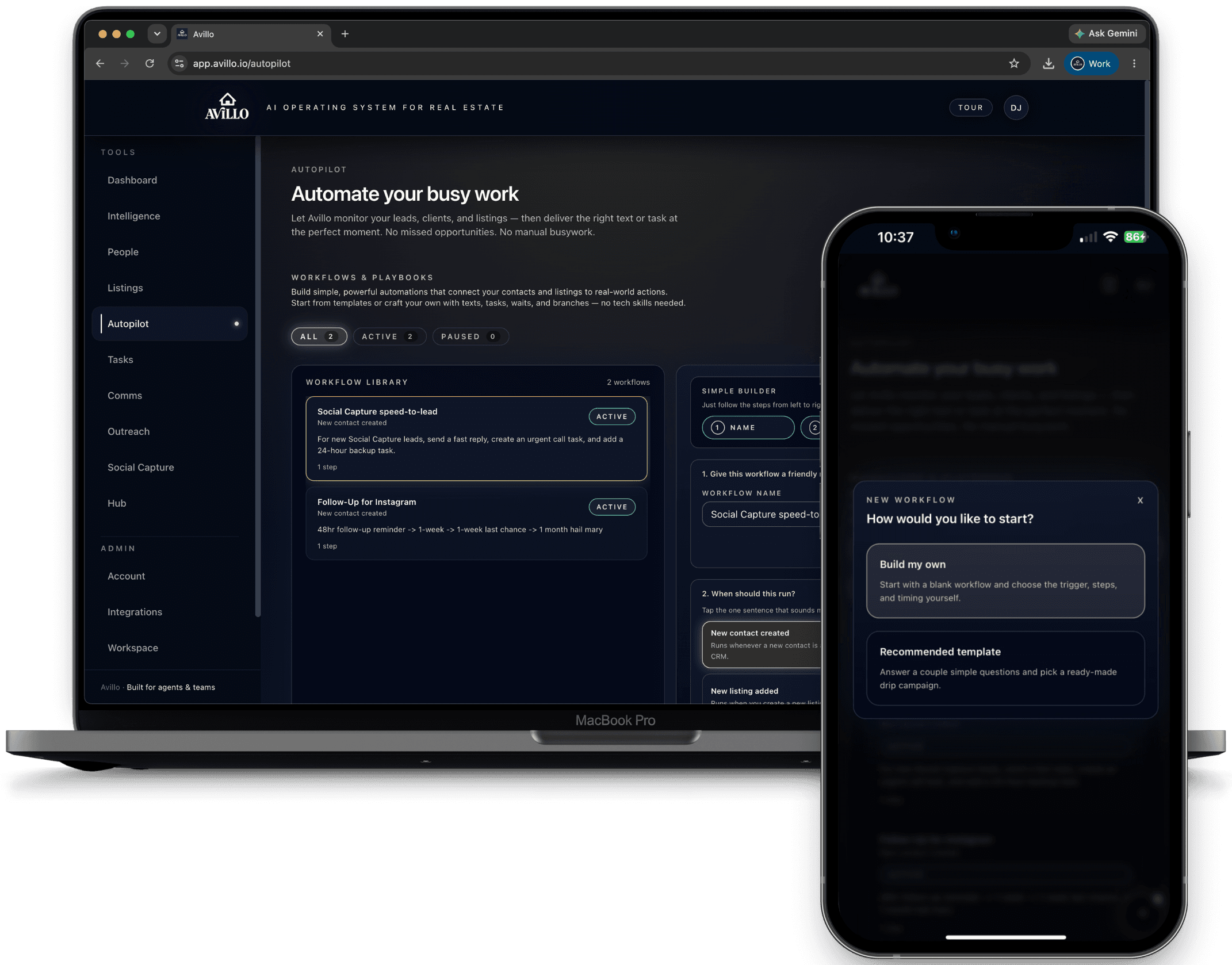 Avillo Autopilot workflow builder on desktop and mobile
