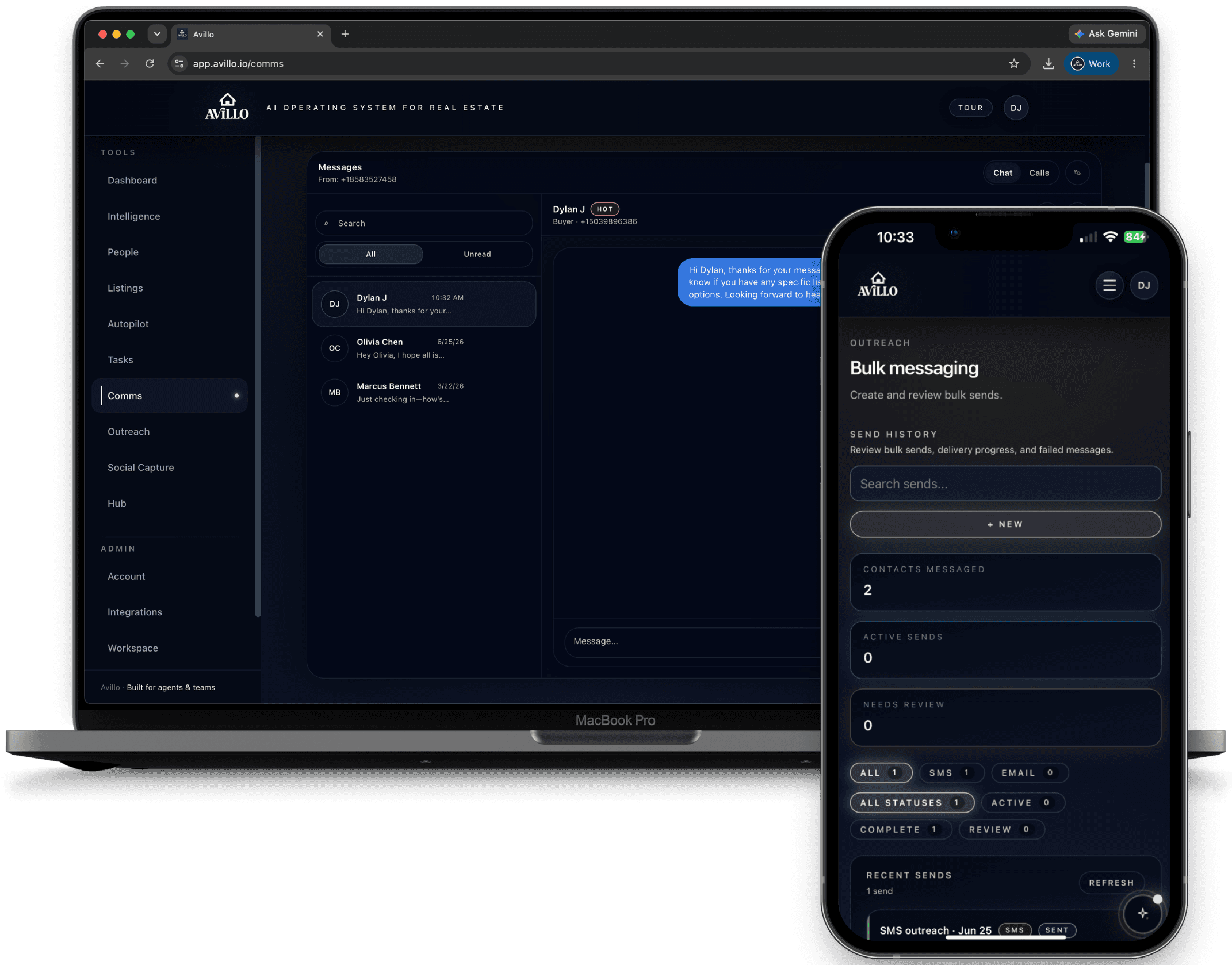 Avillo communications and bulk outreach screens on desktop and mobile