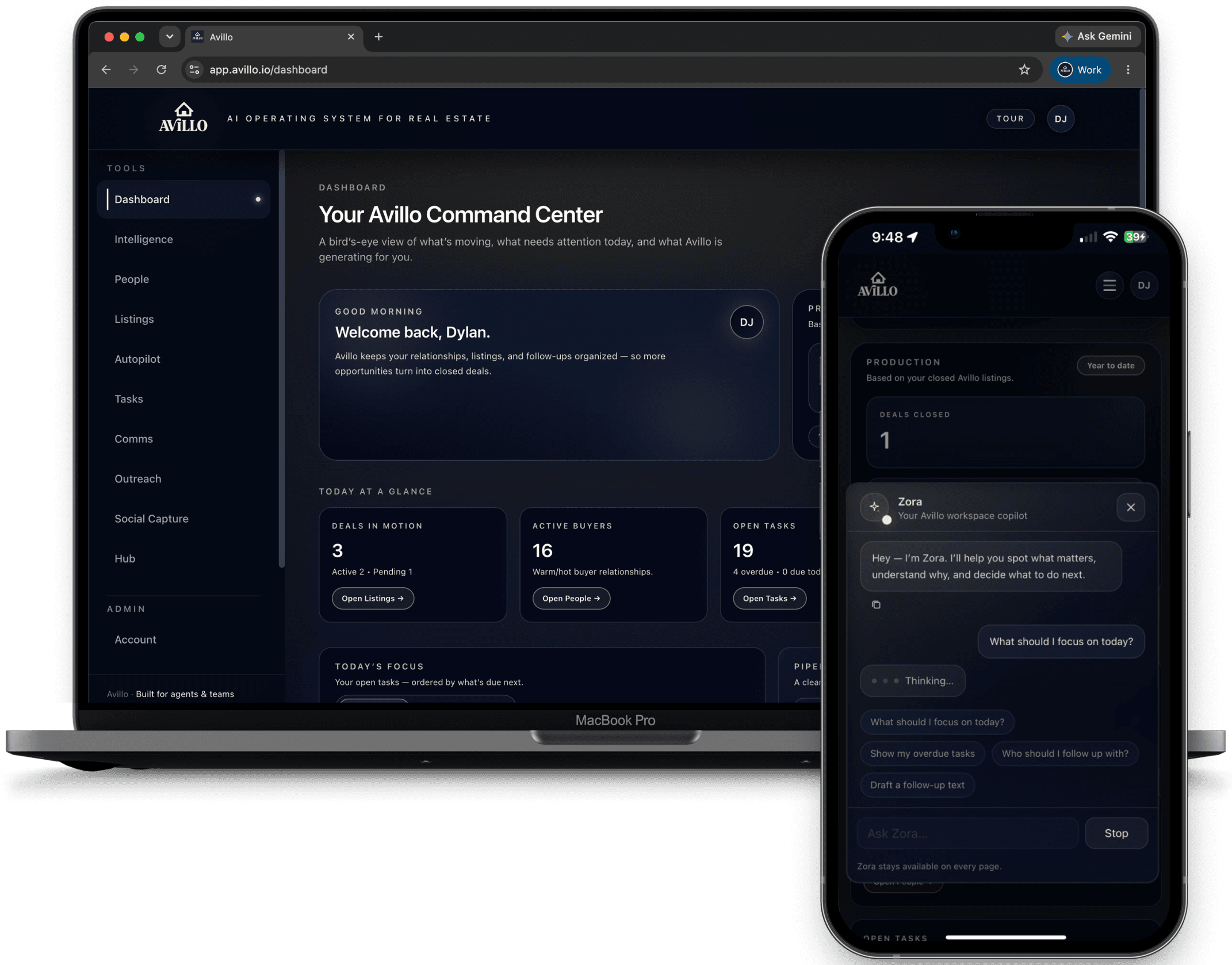 Avillo command center with Zora AI coworker open on mobile
