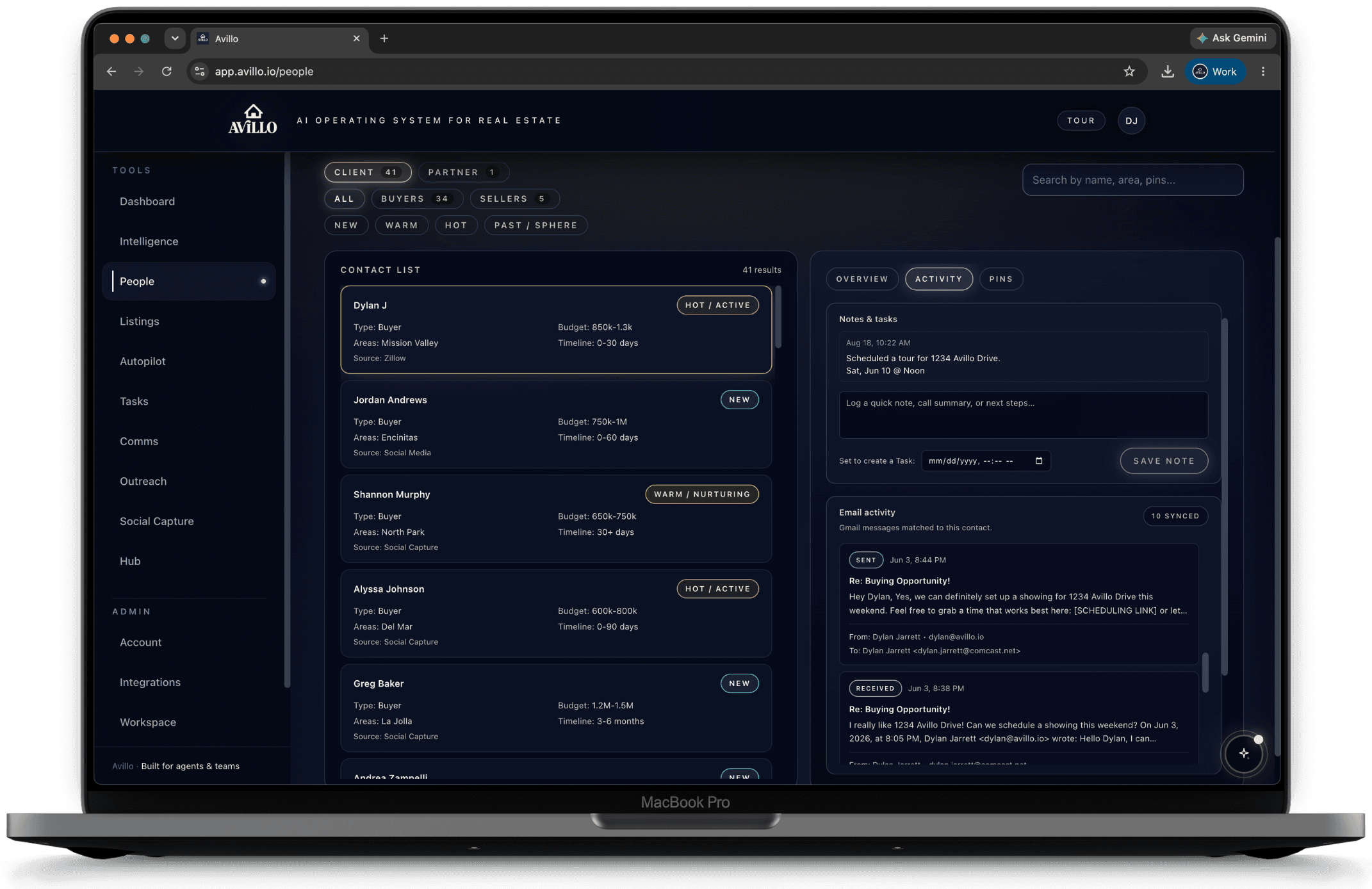 Avillo people page showing leads, stages, activity, notes, and email context