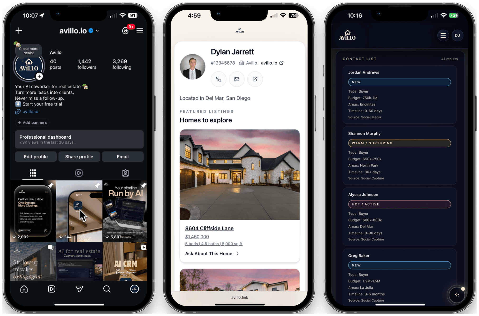 Avillo social capture mobile flow from Instagram to Avillo link to new lead